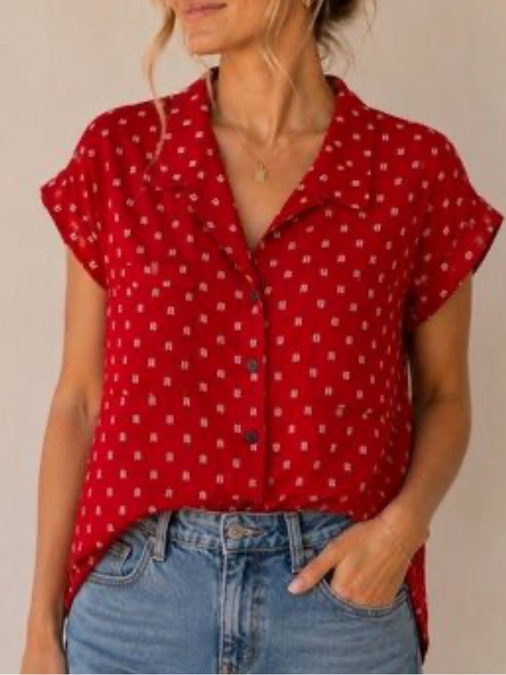 JACHS Girlfriend Red Short-Sleeve Button-Down Shirt with Micro Print